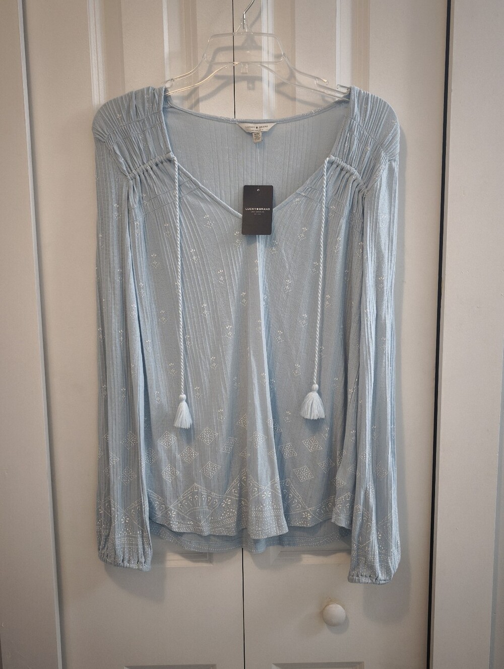 NWT Lucky Brand Blue Print Boho Tassel Peasant Top M